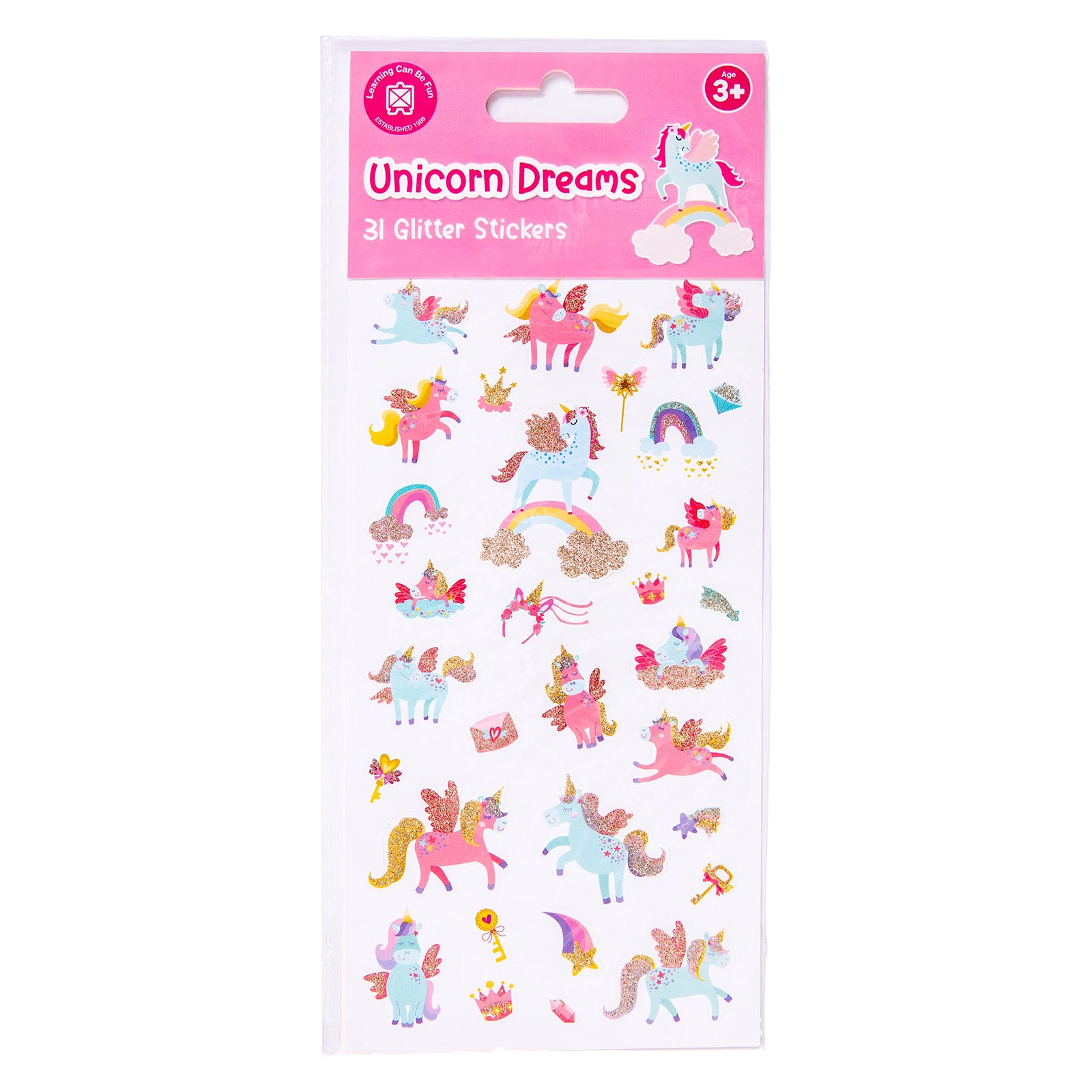 Retail packaging of the Unicorn Dreams Glitter Sticker Set featuring Learning Can Be Fun branding, age recommendation and a preview of the glitter accented unicorn sticker designs.