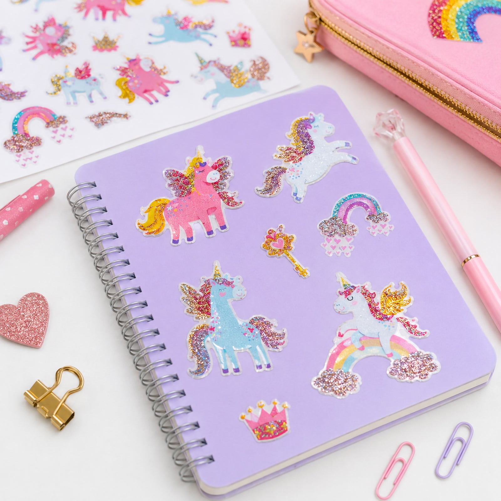 Decorative notebook covered with unicorn stickers featuring sparkling wings, glitter accents and colourful rainbow elements. The whimsical fantasy theme creates a bright and enchanting stationery display.