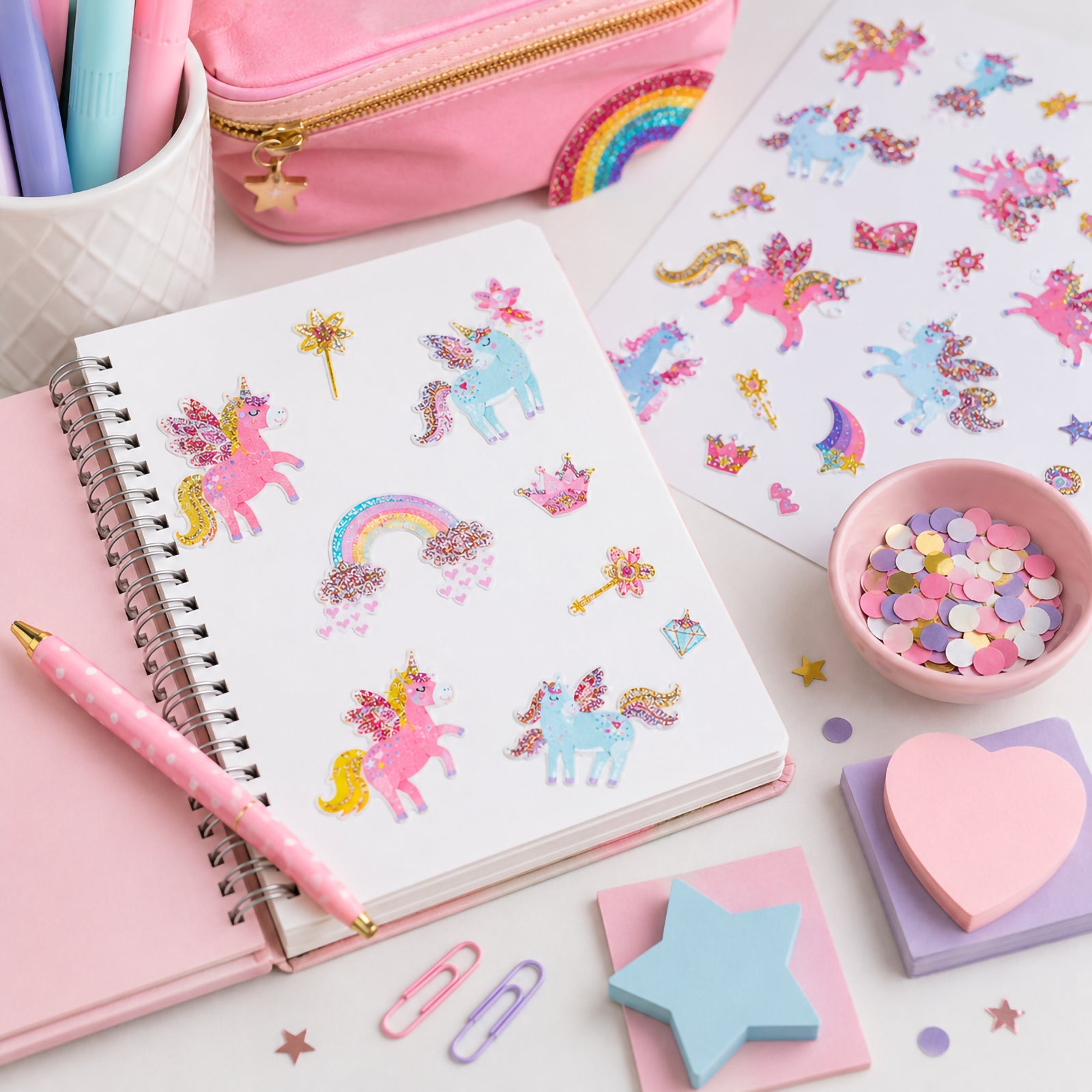 Unicorn Dreams glitter stickers displayed on an open notebook beside colourful pens, confetti and craft supplies. The sheet showcases glittering unicorns, rainbows, crowns and magical icons designed for creative projects.