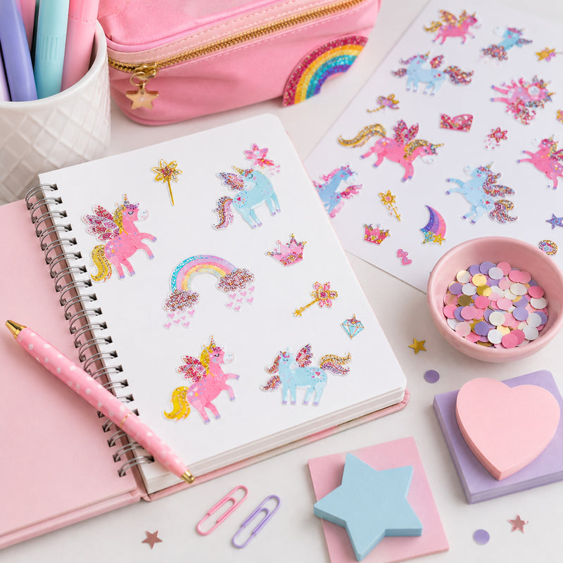Unicorn Dreams glitter stickers displayed on an open notebook beside colourful pens, confetti and craft supplies. The sheet showcases glittering unicorns, rainbows, crowns and magical icons designed for creative projects.
