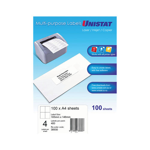 Unistat Multi-purpose Labels pack front in blue and white headed Laser / Inkjet / Copier, showing a desktop printer feeding label sheets and an addressed envelope, with a panel reading 100 x A4 sheets, label size 105mm x 148mm, 4 labels per sheet, 400 per pack, re-order code 38930.