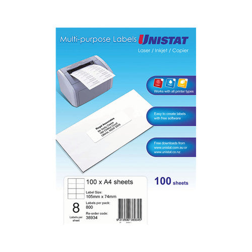 Unistat Multi-purpose Labels pack front showing a desktop printer, an addressed envelope and Works with all printer types badges, with a lower panel reading 100 x A4 sheets, label size 105mm x 74mm, 8 labels per sheet, 800 per pack, re-order code 38934.