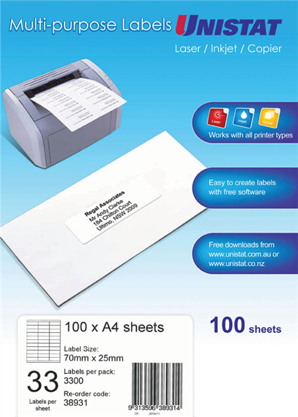 Unistat Multi-purpose Labels pack front for laser, inkjet and copier printing, with a desktop printer feeding label sheets, an addressed envelope and a lower panel showing 100 x A4 sheets, label size 70mm x 25mm, 33 labels per sheet, 3300 per pack, re-order code 38931.