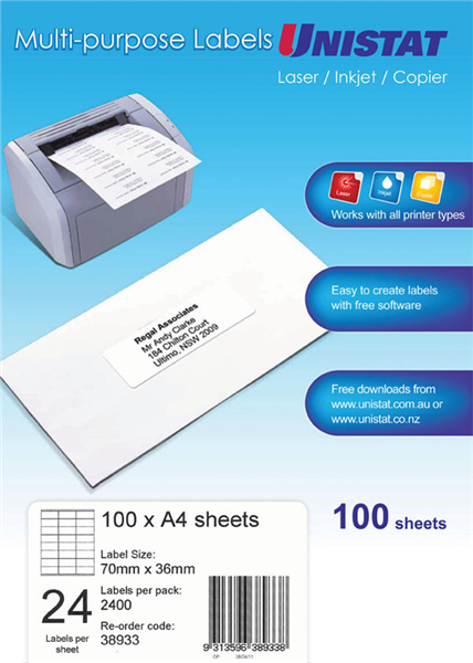 Unistat Multi-purpose Labels pack front in blue marked Laser / Inkjet / Copier, showing a printer feeding label sheets and a printed address on an envelope, with a panel stating 100 x A4 sheets, label size 70mm x 36mm, 24 labels per sheet, 2400 per pack, code 38933.