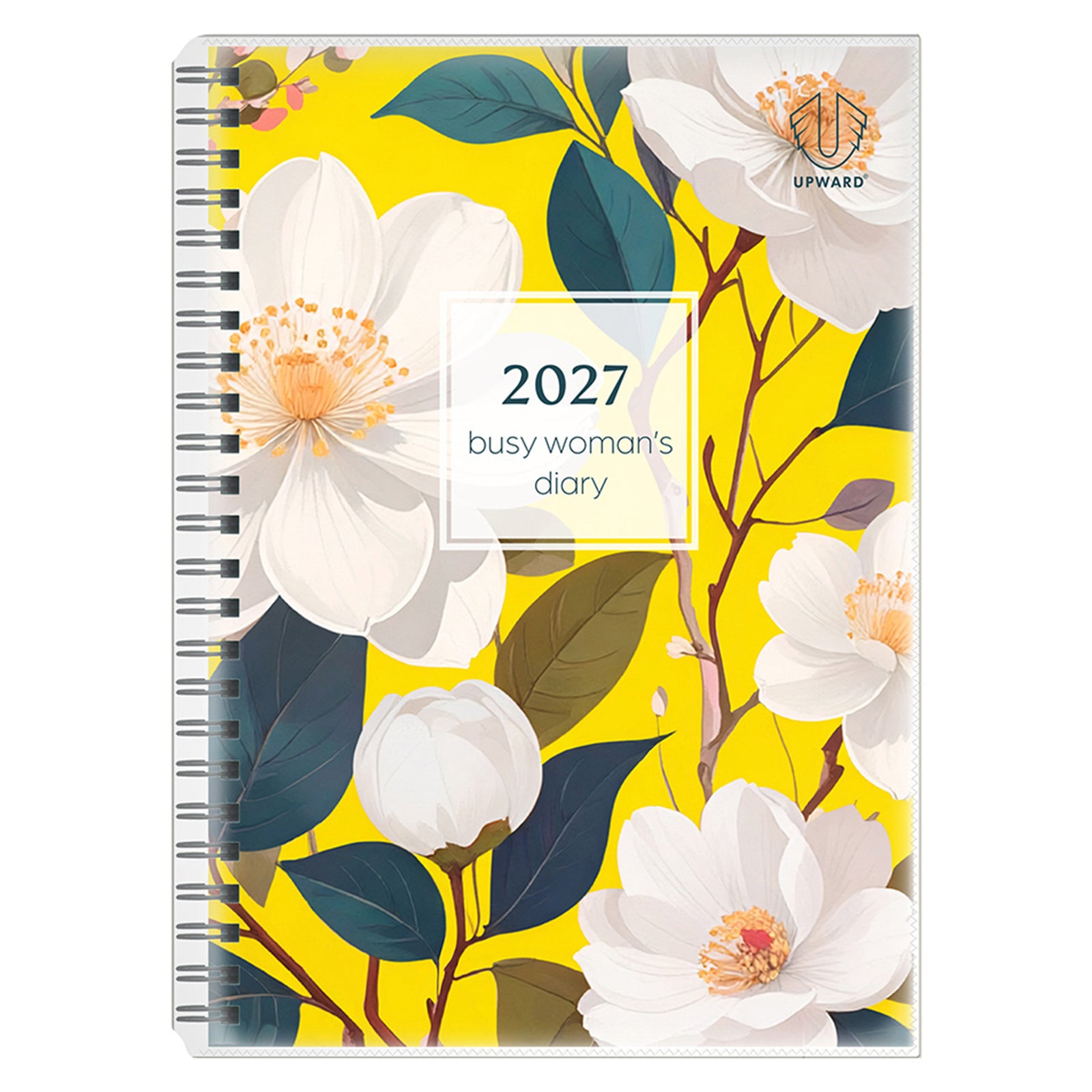 Front product image of the Upward Busy Women's 2027 A5 Week To View Diary displaying the vibrant Bird Of Paradise inspired botanical cover with bold yellow background, elegant floral illustrations, black Wire O binding and protective clear overlay against a white background.
