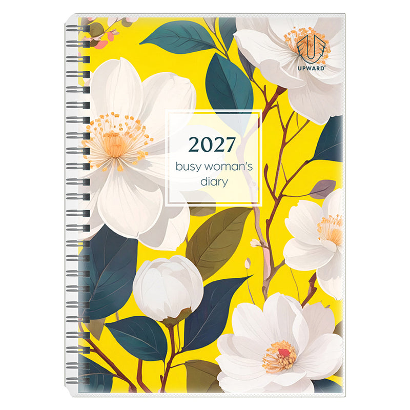 Front product image of the Upward Busy Women's 2027 A5 Week To View Diary displaying the vibrant Bird Of Paradise inspired botanical cover with bold yellow background, elegant floral illustrations, black Wire O binding and protective clear overlay against a white background.