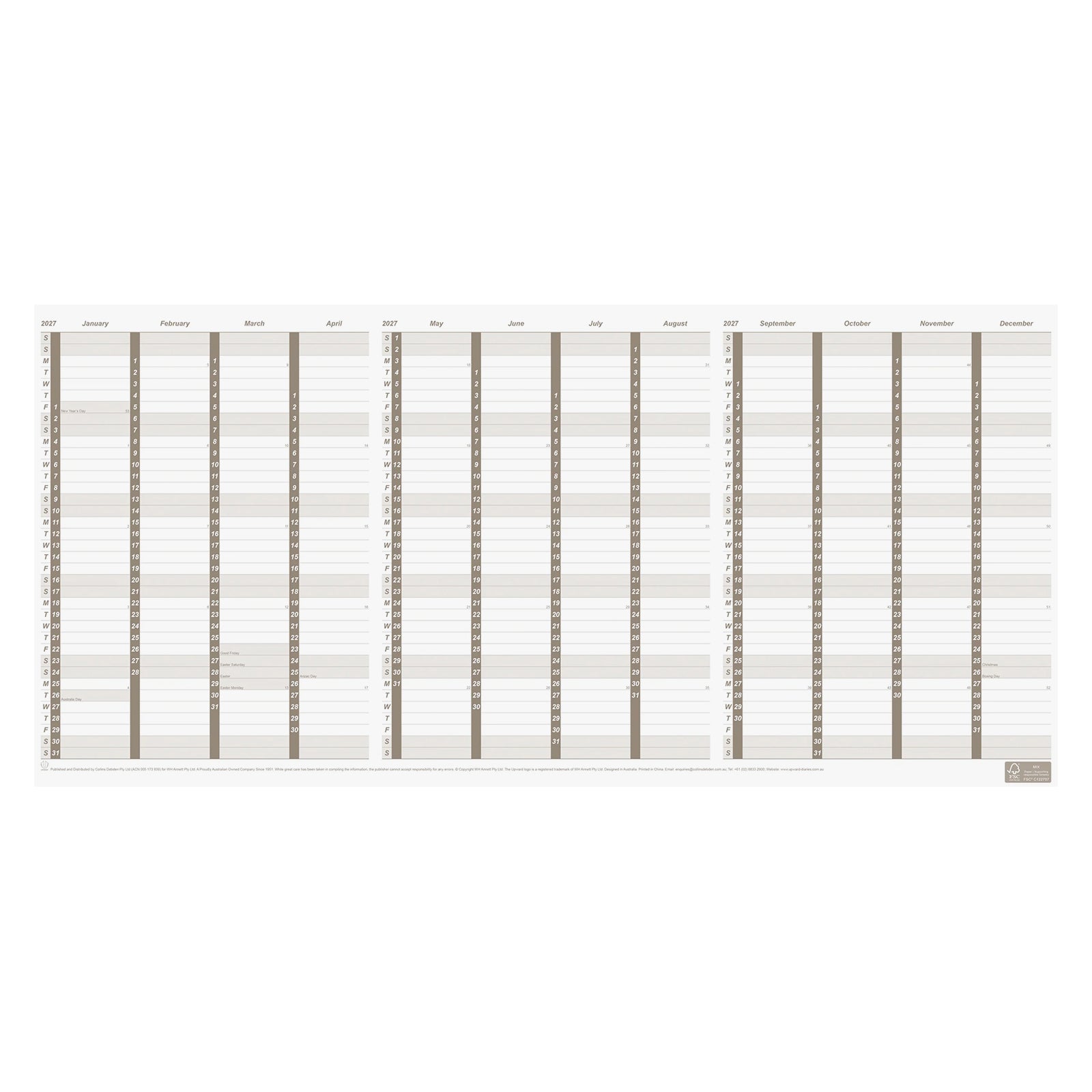 Front product image of the Upward 2027 A4 Fold Out Paper Planner presented fully unfolded on a white background, highlighting the complete year to view layout with Australian public holidays and the compact fold out paper format.