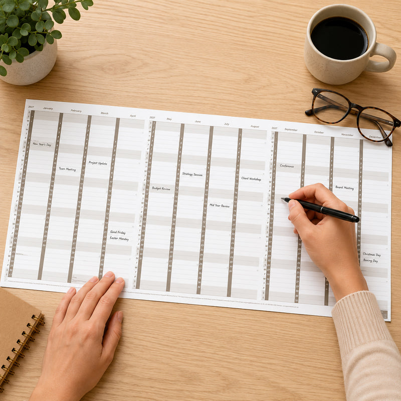 A person writes appointments on the unfolded Upward 2027 A4 Fold Out Paper Planner placed on a timber desk alongside coffee and office accessories. The compact fold out planner displays the complete year in one clear layout, making it ideal for organising meetings, deadlines and annual schedules.