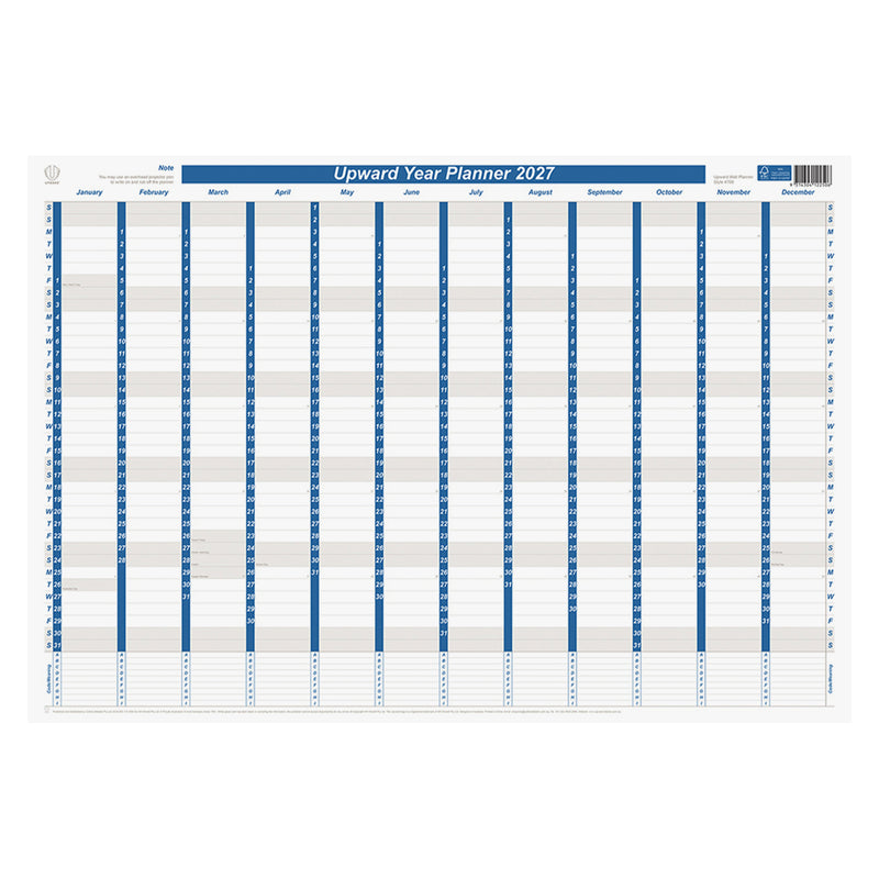 Front product image of the Upward 2027 Laminated Year Planner featuring the complete year to view calendar with a durable laminated write on wipe off surface and Australian public holidays, presented on a clean white background for online retail display.