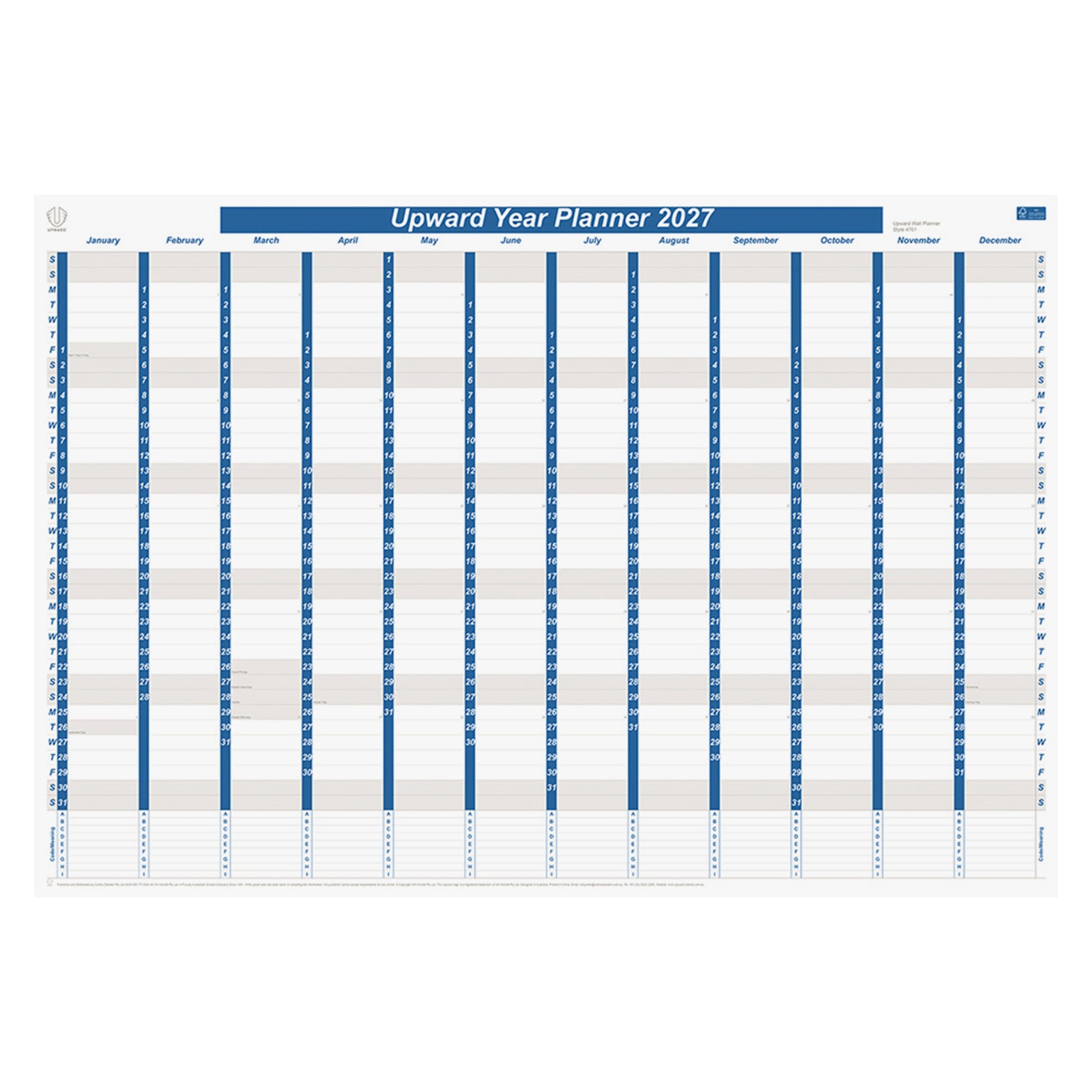 Front product image of the Upward 2027 Year Planner showing the complete year to view layout on a large paper planner with clearly organised monthly columns and Australian public holidays, presented against a clean white background for retail display.