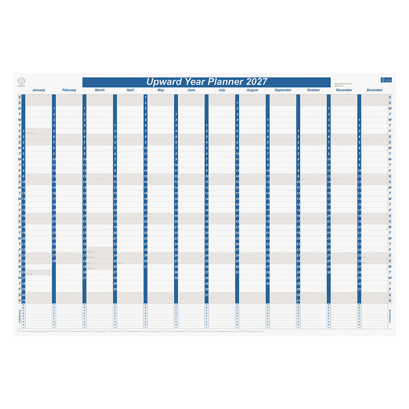Front product image of the Upward 2027 Year Planner showing the complete year to view layout on a large paper planner with clearly organised monthly columns and Australian public holidays, presented against a clean white background for retail display.