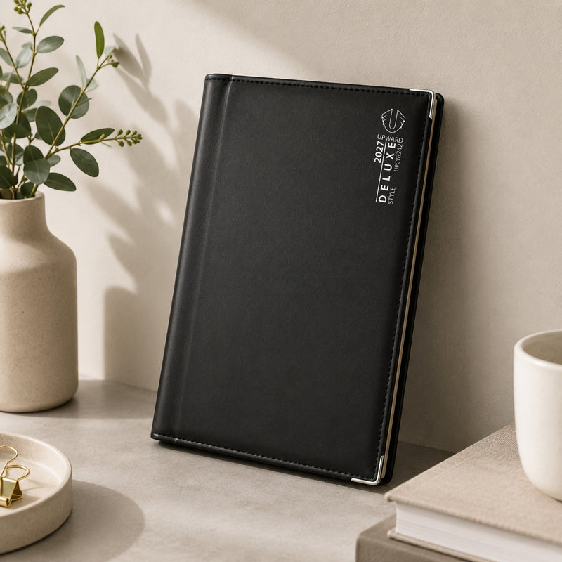 The Upward Deluxe 2027 B5 Diary stands upright on a clean office desk with books, stationery and decorative plants. The premium PU cover, sleek silver branding and executive styling make it ideal for professional planning throughout the 2027 calendar year.