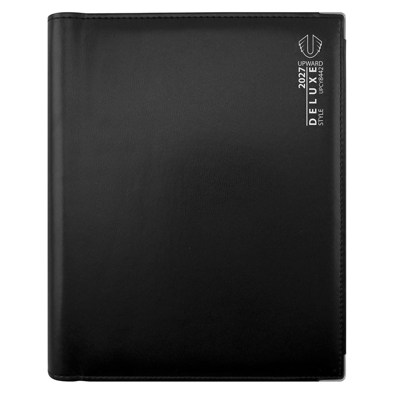 Front product image of the Upward Deluxe 2027 B5 Week To View Diary displaying its premium black PU leather cover, silver printed branding and protective metal corner accents. The clean presentation showcases the diary's executive styling and durable construction.