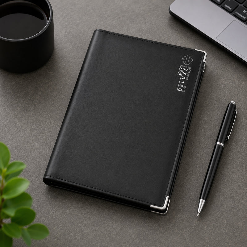 Overhead workspace view of the Upward Deluxe 2027 B5 Diary resting beside a laptop, pen and coffee mug. The premium black cover, protective metal corner details and sleek design demonstrate its suitability for business planning, office organisation and executive use.