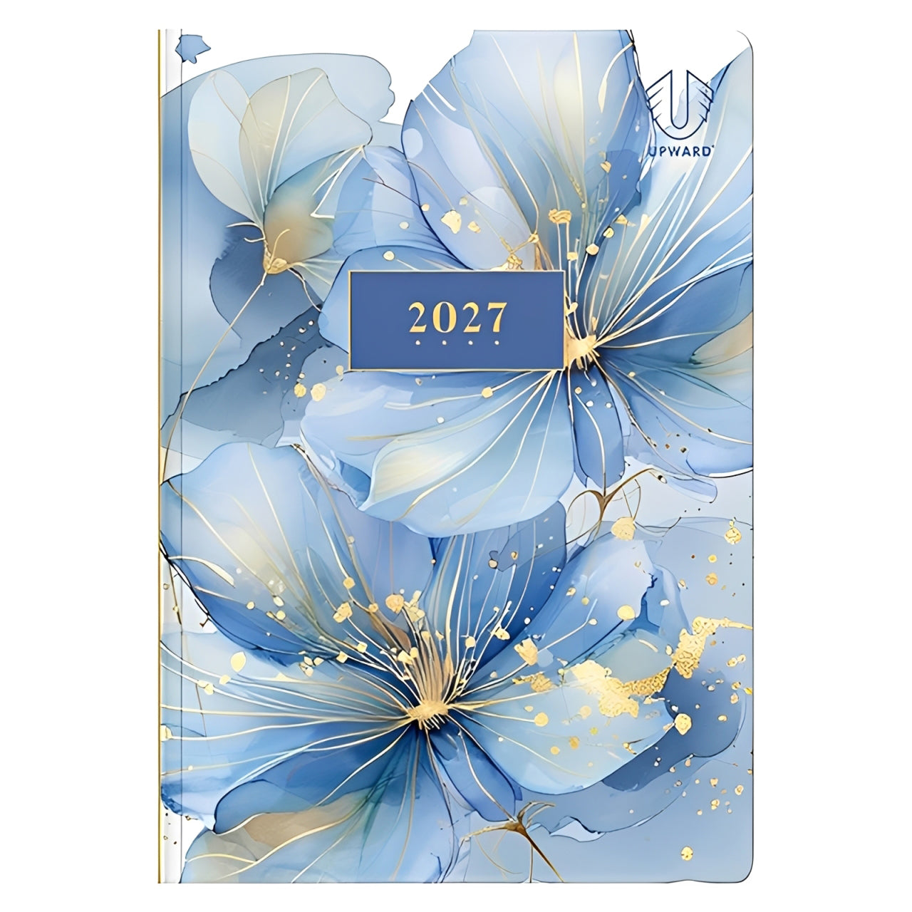 Front product image of the Upward Fashion 2027 A5 Hardcover Day To Page Diary featuring a refined Water Colour floral design in soft blue tones with elegant gold accents, premium hardcover finish and clean white background for clear product presentation.