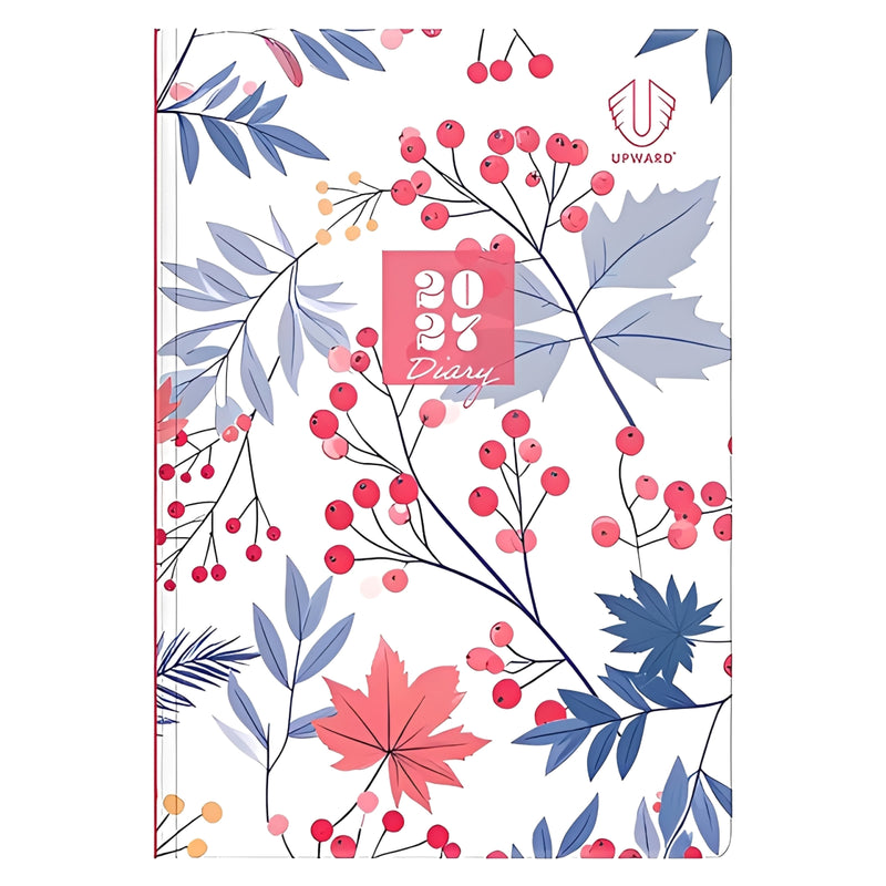 Front product image of the Upward Fashion 2027 A5 Hardcover Week To Opening Diary displaying the decorative Begonia botanical artwork with vibrant berries, blue leaves and premium hardcover finish against a clean white background for retail presentation.
