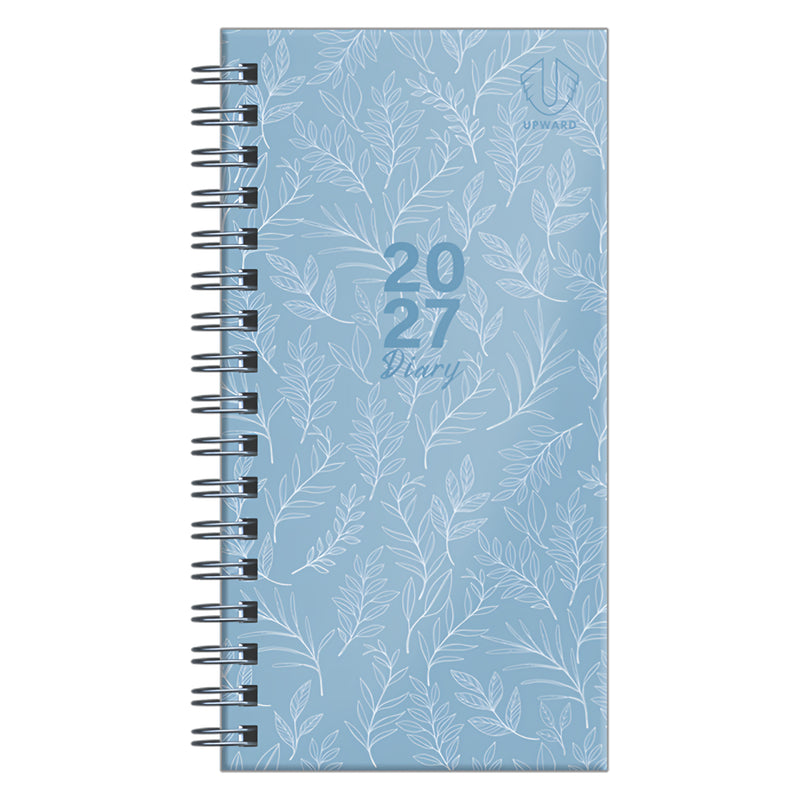 Front product image displaying the Upward Fashion 2027 A6/7 Blue Hardcover Diary with its contemporary botanical artwork, premium branding and compact portable size, making it an ideal companion for organised planning at home, work or while travelling.