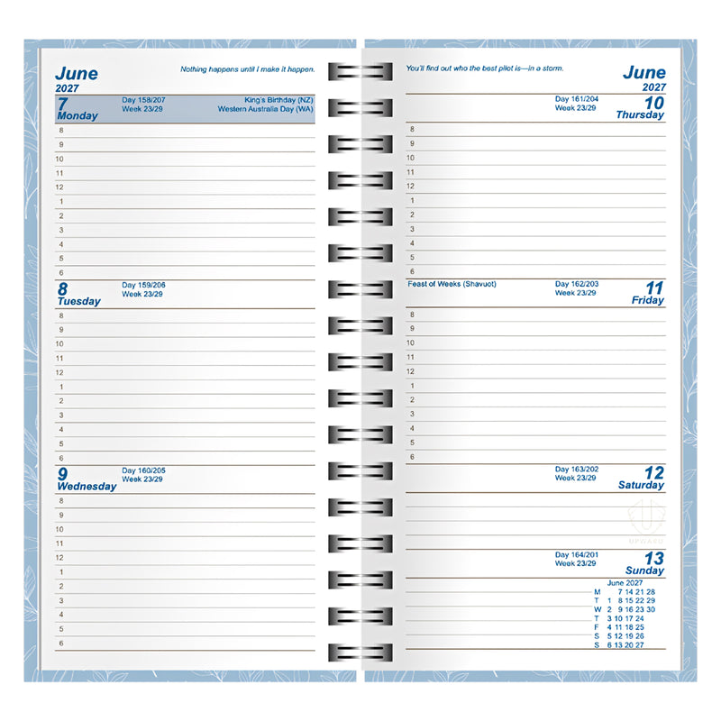 Detailed view of the internal weekly planner layout with ruled daily sections from Monday through Sunday. The spread includes Australian public holidays, monthly reference calendar and generous note space to simplify weekly scheduling and appointment management.