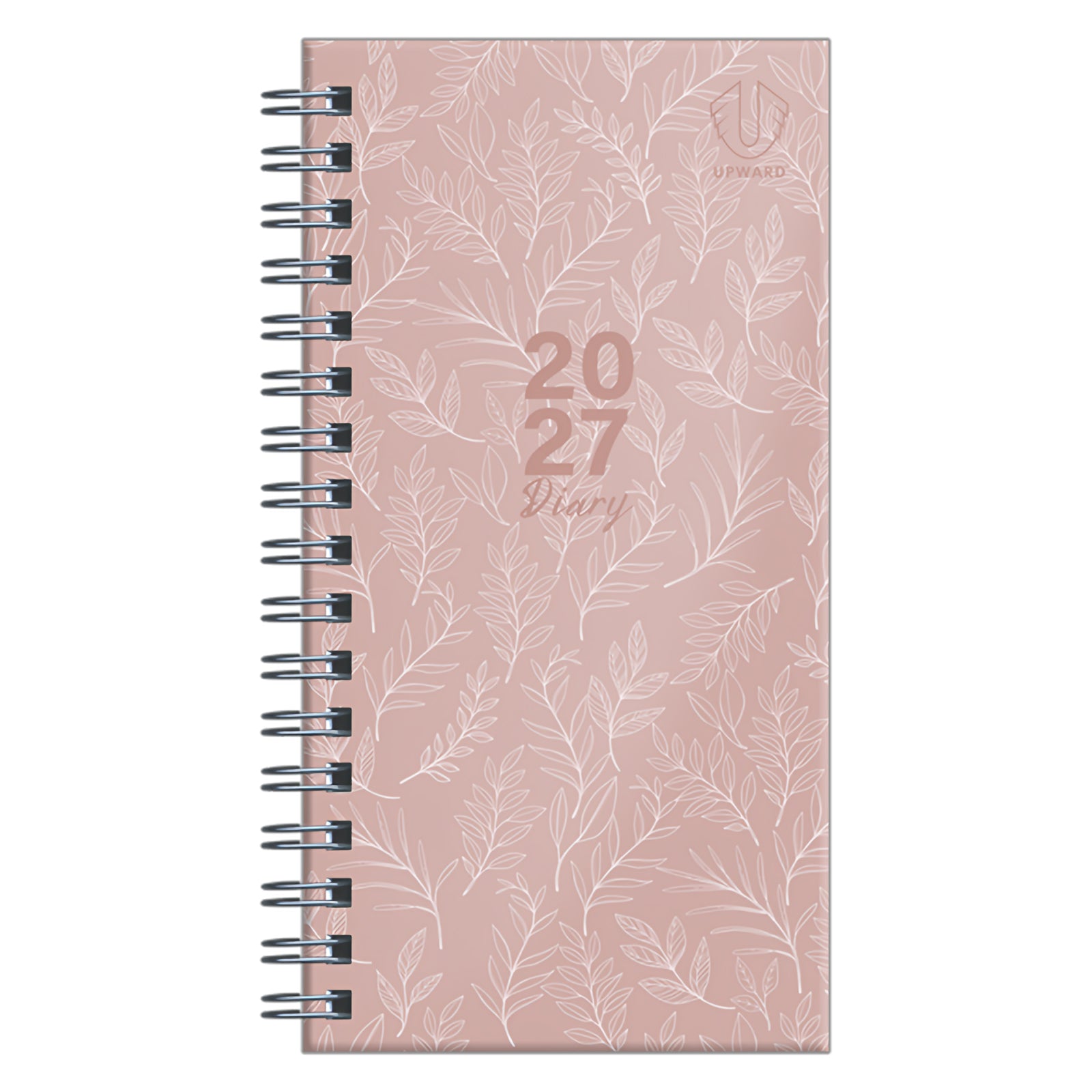 Clean front product image showcasing the Upward Fashion 2027 A6/7 Diary in pink with elegant botanical artwork, premium branding and sturdy hardcover construction, offering a stylish planning companion for work, study or personal organisation.