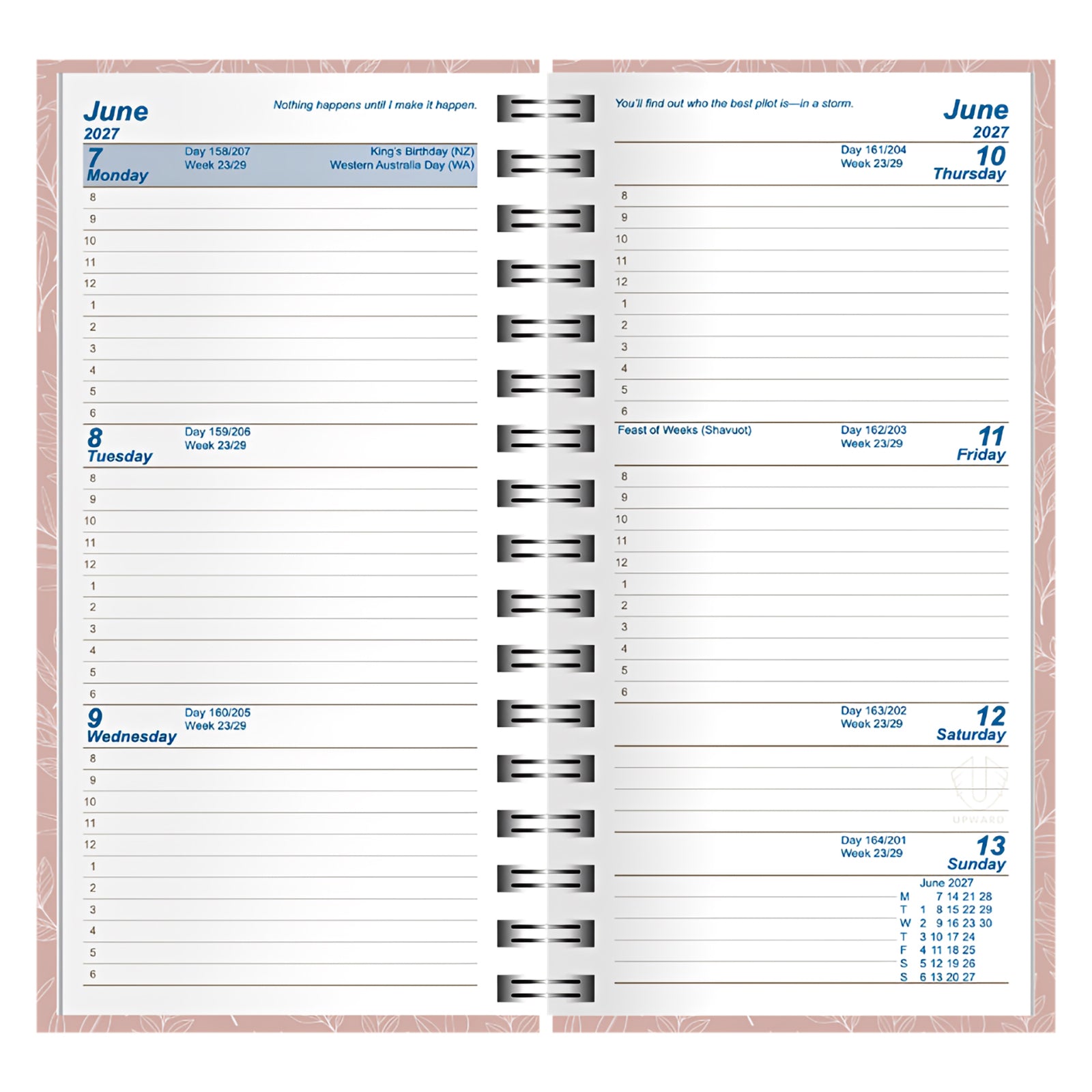 Close up of the internal weekly planning layout showing ruled daily sections from Monday to Sunday. The pages include Australian public holidays, motivational quotes and ample space for appointments, notes and weekly organisation.