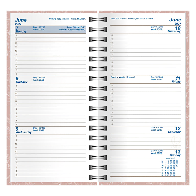 Close up of the internal weekly planning layout showing ruled daily sections from Monday to Sunday. The pages include Australian public holidays, motivational quotes and ample space for appointments, notes and weekly organisation.