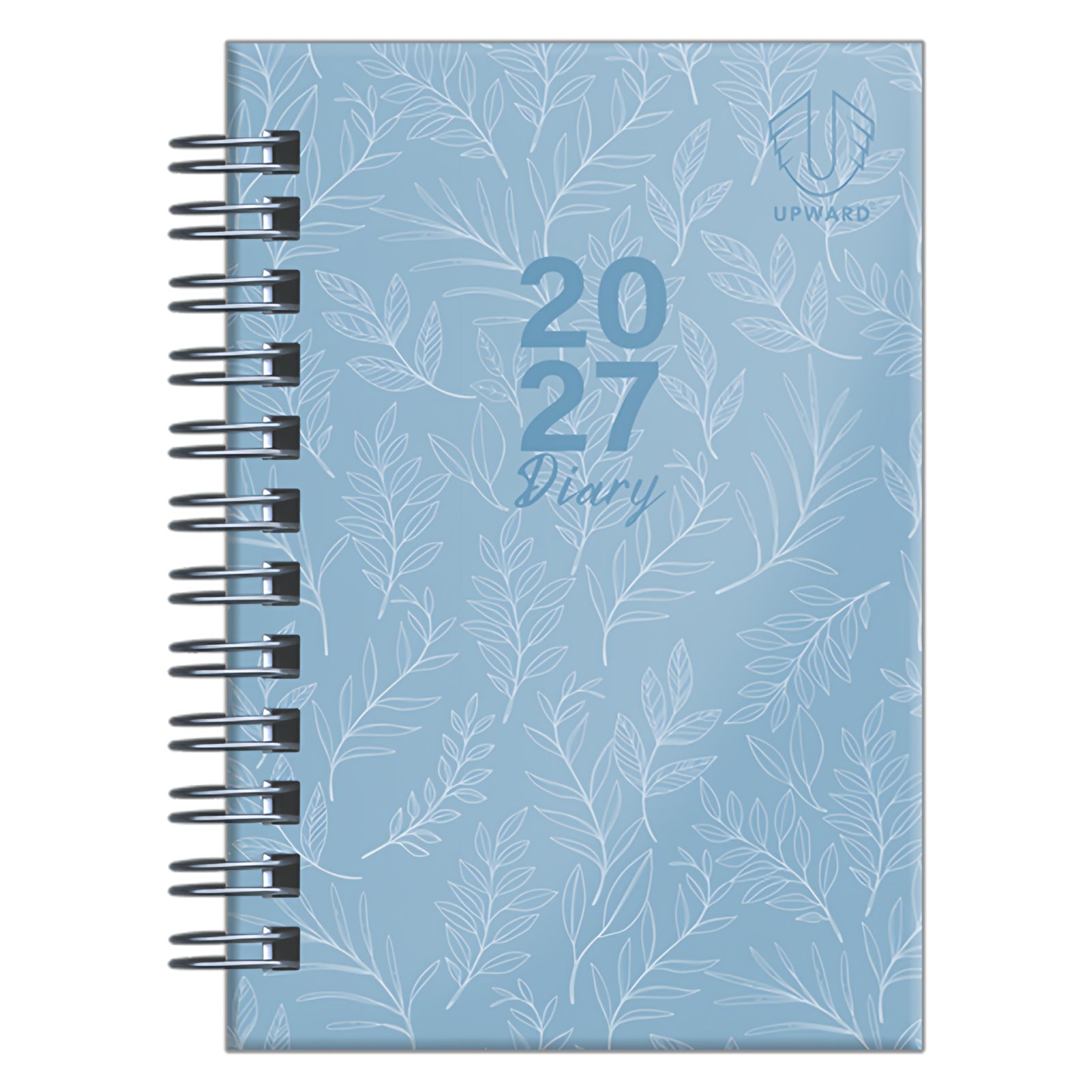 Front cover product image featuring the Upward Fashion 2027 A7 Diary in blue with subtle leaf illustrations and premium branding. The compact format combines portability, organisation and contemporary style for everyday use.