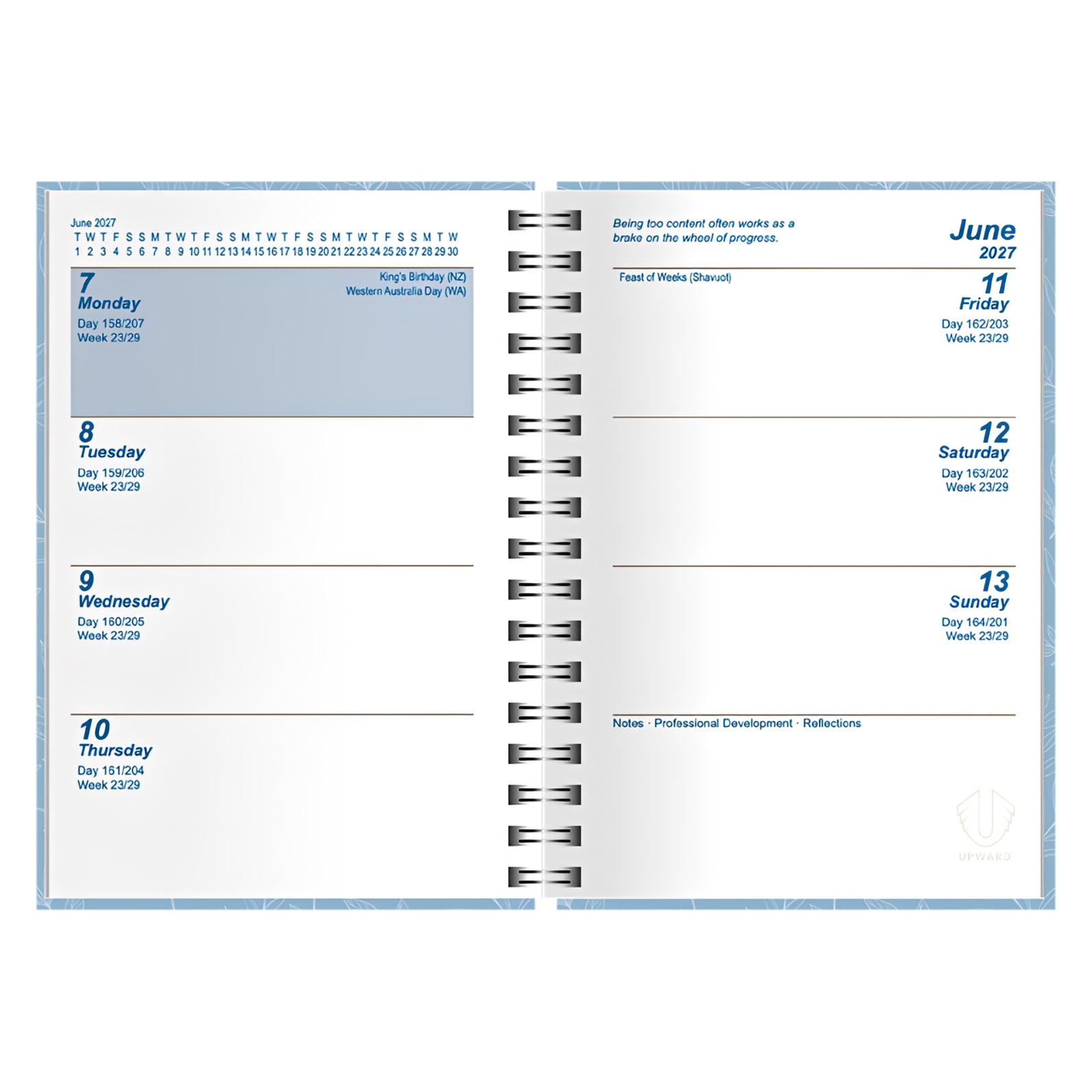 Internal week to view page spread showing clearly organised daily sections from Monday to Sunday. The layout provides space for appointments, reminders, notes and weekly planning while including Australian public holiday references.