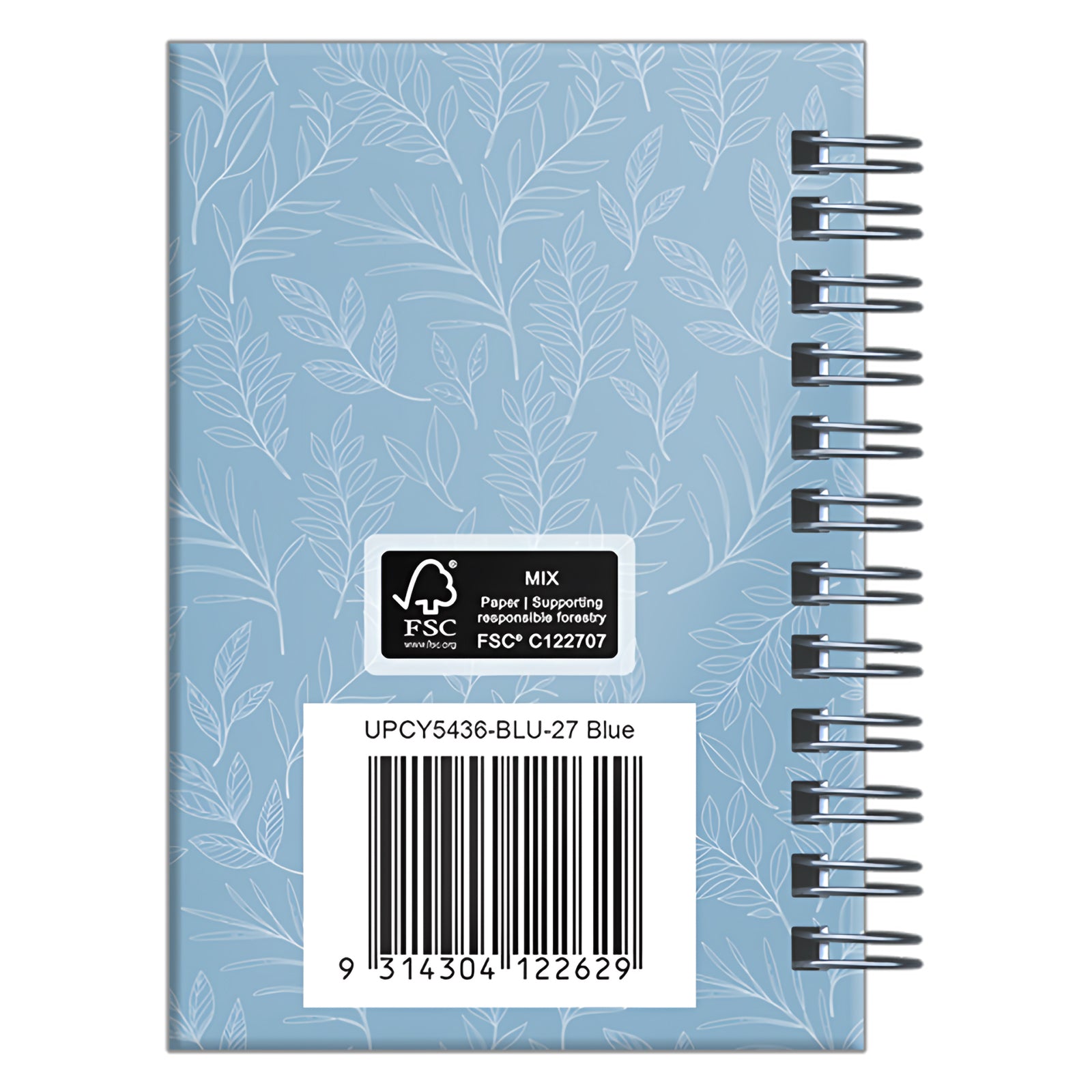 Rear cover view displaying the blue botanical pattern across the hardcover surface. The image highlights the durable construction, wire O binding and product identification details located on the back cover.