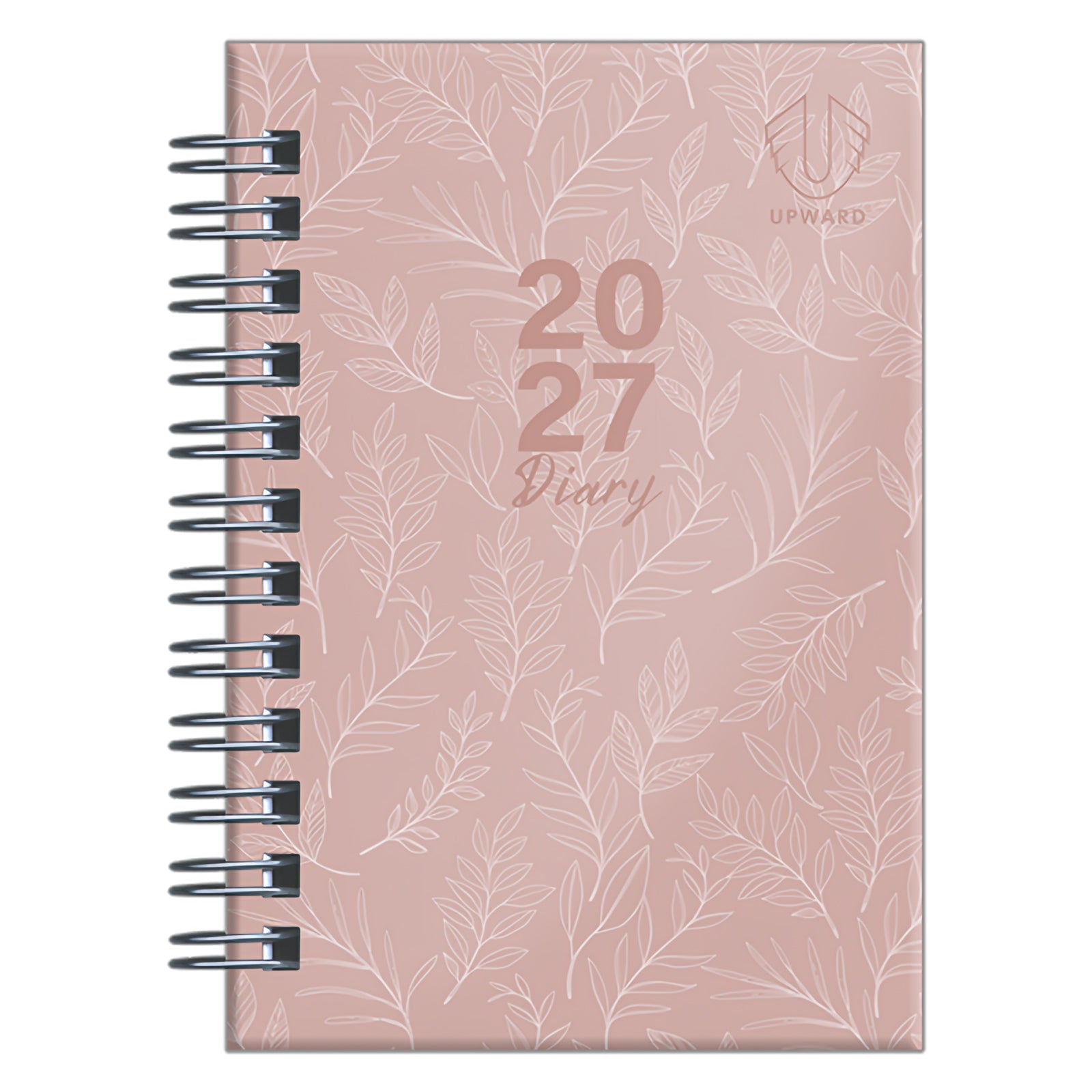 Front cover product image featuring the Upward Fashion 2027 A7 Diary in pink with delicate leaf illustrations and premium foil style branding. The compact diary combines elegant aesthetics with practical weekly planning functionality.