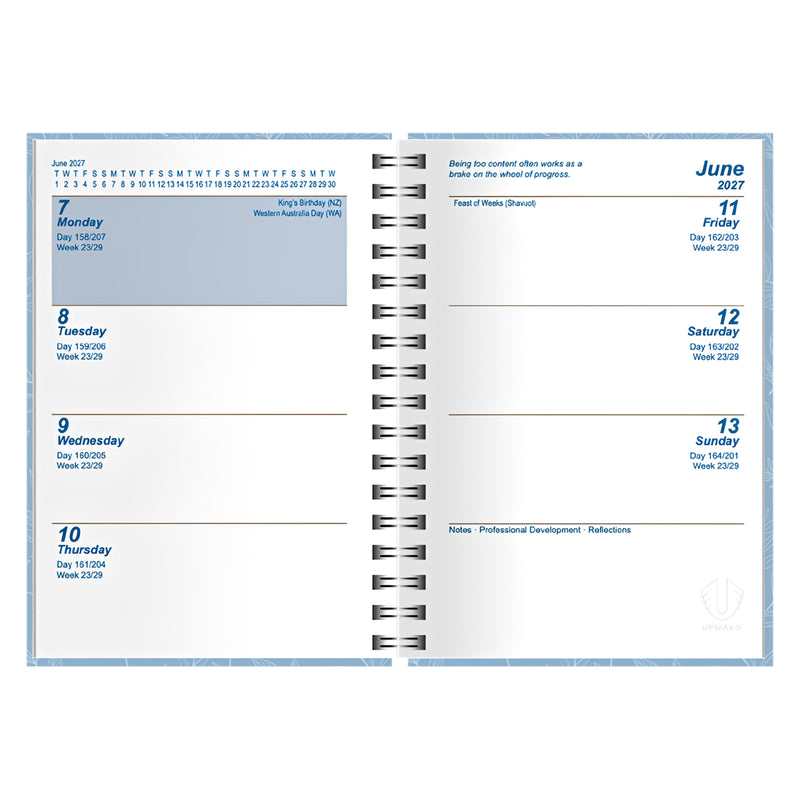 Internal week to view page layout showing clearly defined daily planning areas across a double page spread. The design includes date references, notes sections and Australian public holiday information for efficient weekly scheduling.