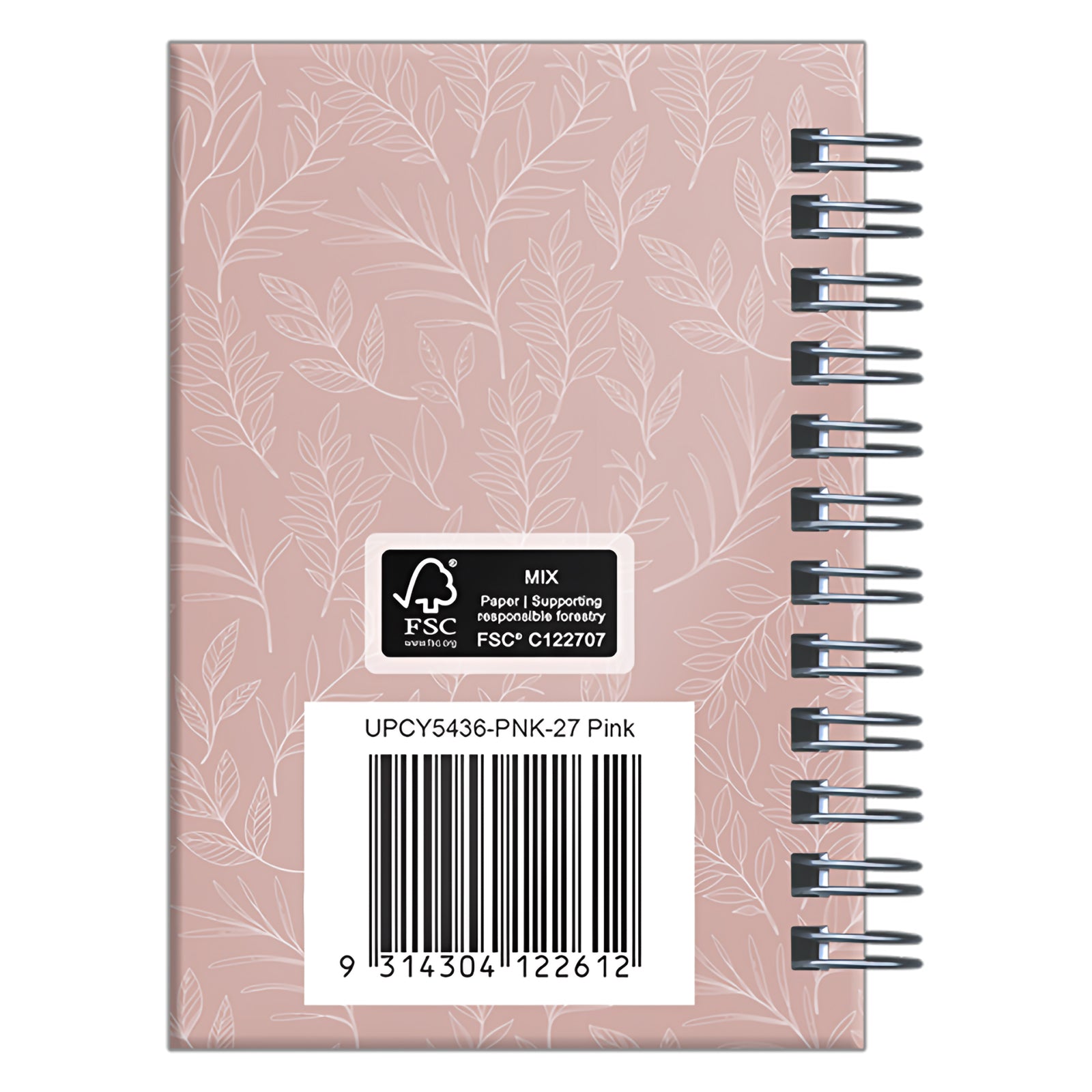 Rear cover view highlighting the pink botanical pattern across the hardcover surface. The image showcases the durable construction, wire O binding and product identification details on the back cover.