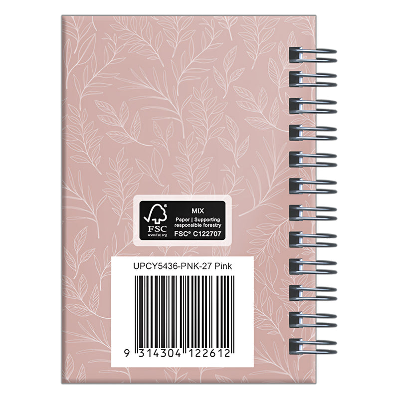 Rear cover view highlighting the pink botanical pattern across the hardcover surface. The image showcases the durable construction, wire O binding and product identification details on the back cover.