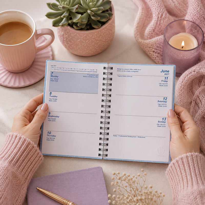 The Upward Fashion 2027 A7 Pink Diary opened to its week to view layout while being held on a soft styled desktop setting. Surrounded by a candle, coffee mug and decorative accessories, the diary displays spacious daily planning sections ideal for appointments, reminders and weekly organisation.