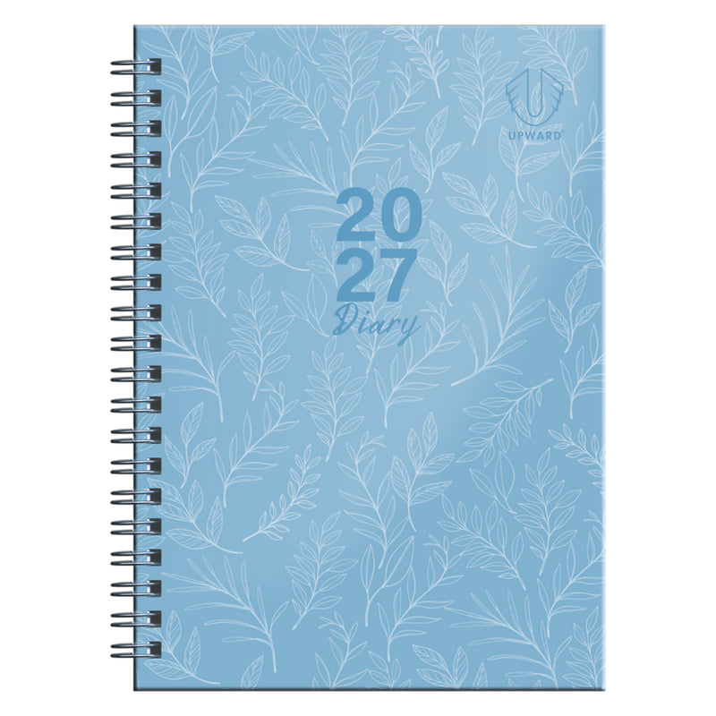 Full front cover product image featuring the Upward Fashion 2027 branding, blue botanical artwork and sturdy Wire O binding. The design offers a fresh, organised and professional look suitable for home, study or office environments.