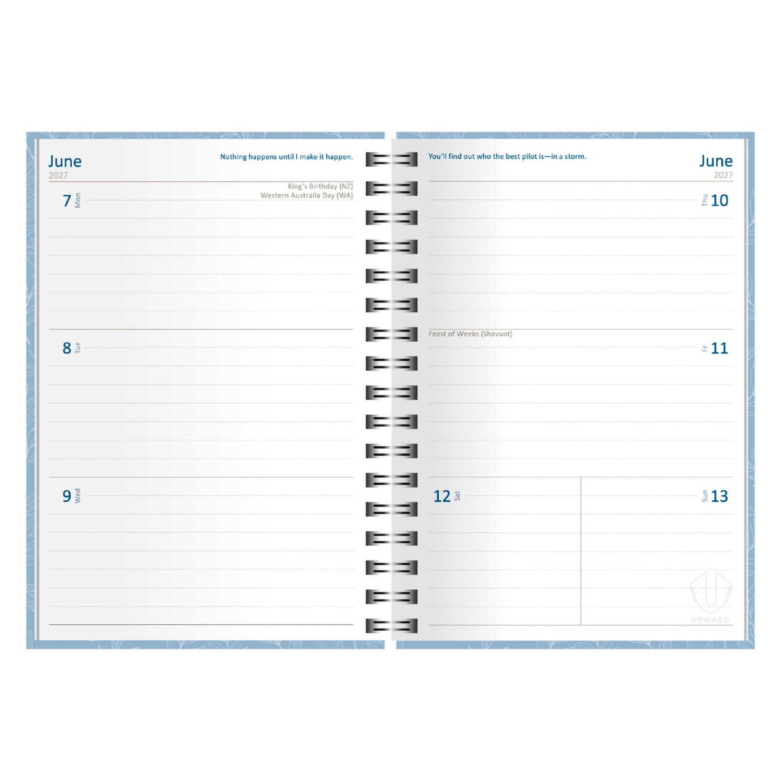 Internal weekly planning pages displaying a clean week to view format with lined writing areas and weekend sections. The layout provides space for appointments, reminders, deadlines and important weekly tasks.
