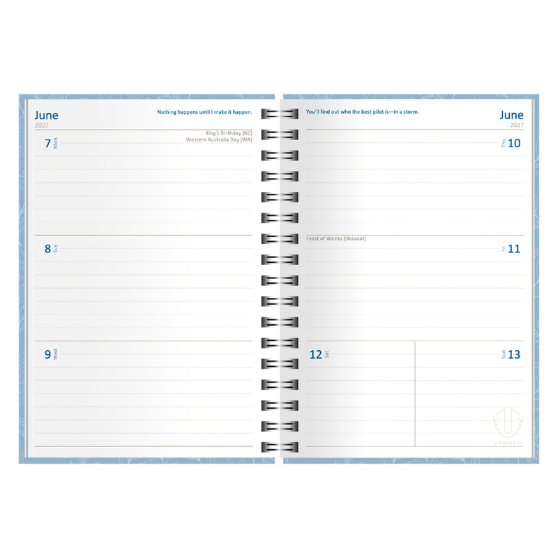 Internal weekly planning pages displaying a clean week to view format with lined writing areas and weekend sections. The layout provides space for appointments, reminders, deadlines and important weekly tasks.