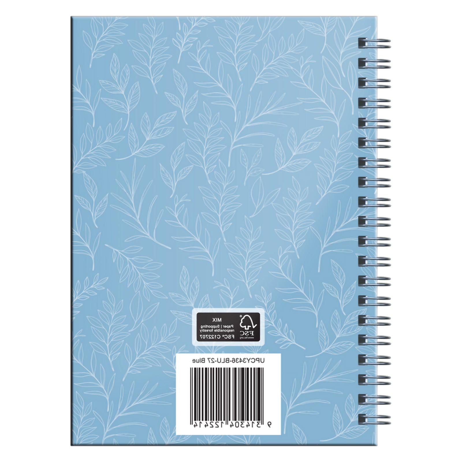 Rear cover view showing the continuous botanical leaf pattern across the blue hardcover surface. The image highlights the durable construction and premium finish designed for year round planning.