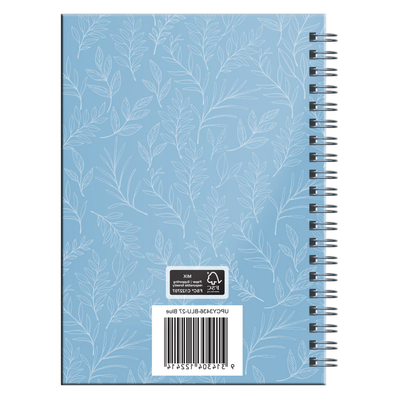 Rear cover view showing the continuous botanical leaf pattern across the blue hardcover surface. The image highlights the durable construction and premium finish designed for year round planning.