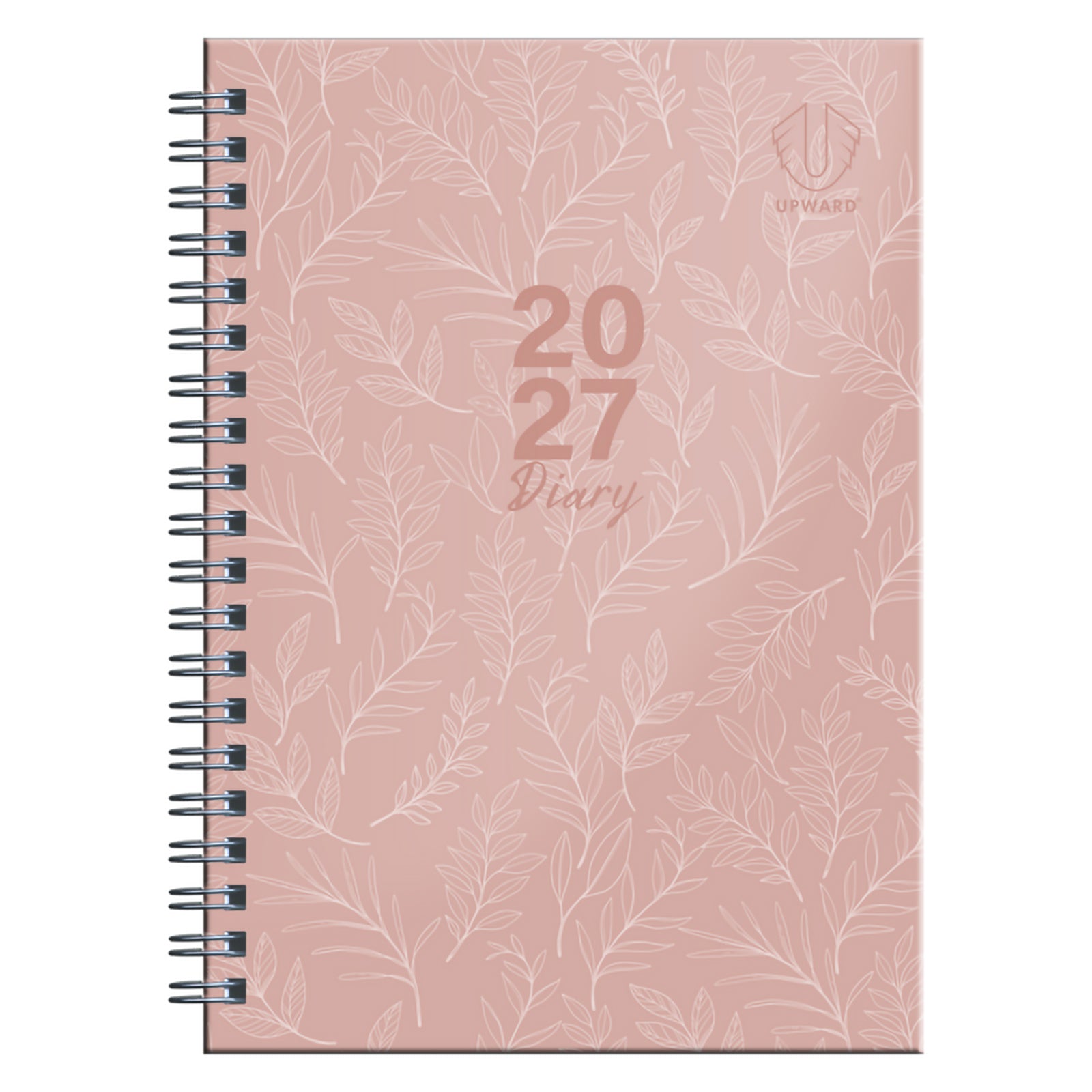 Full front cover product image featuring the pink botanical artwork, 2027 diary branding and black Wire O binding. The fashionable design combines decorative appeal with practical functionality for everyday planning.