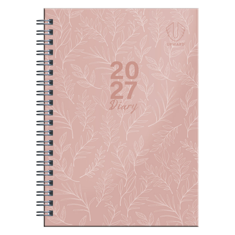 Full front cover product image featuring the pink botanical artwork, 2027 diary branding and black Wire O binding. The fashionable design combines decorative appeal with practical functionality for everyday planning.