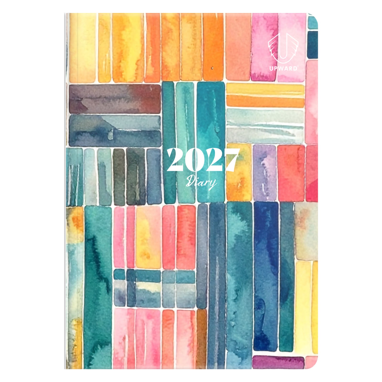 Full front cover product image featuring the Upward Fashion 2027 branding centred within a vibrant geometric stripe pattern. The colourful watercolour artwork creates a distinctive and inspiring planner designed for organised living.