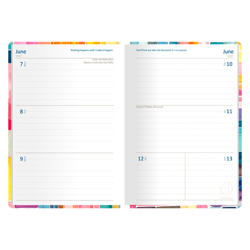 Internal planning pages displaying the week to view format with clearly defined daily sections and weekend planning space. The clean layout allows easy scheduling, note taking and organisation throughout the year.