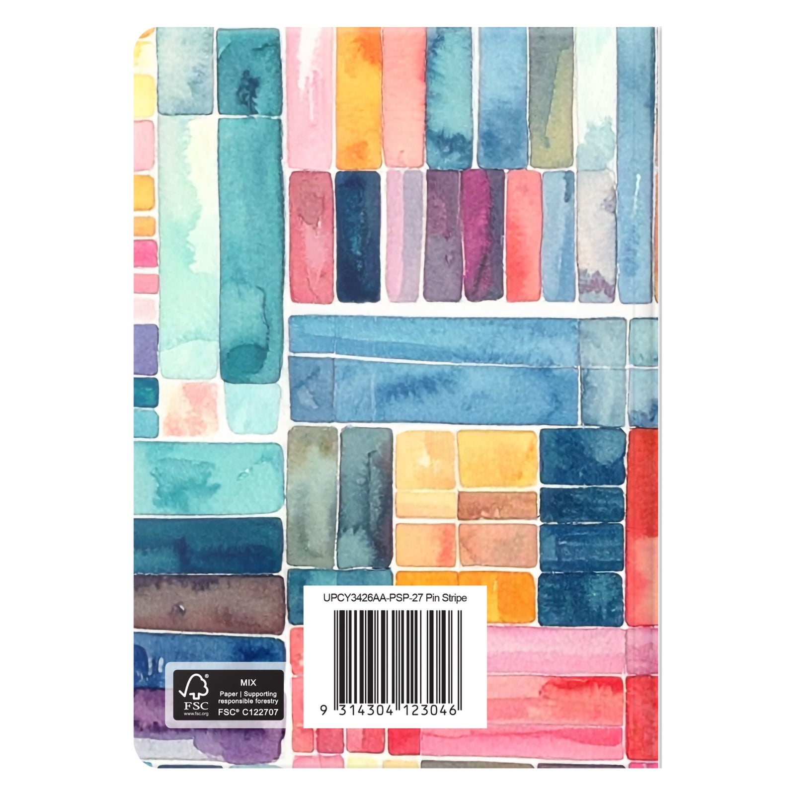 Rear cover view highlighting the continuation of the multicolour watercolour stripe pattern. The image showcases the diary's durable hardcover construction and artistic finish from edge to edge.
