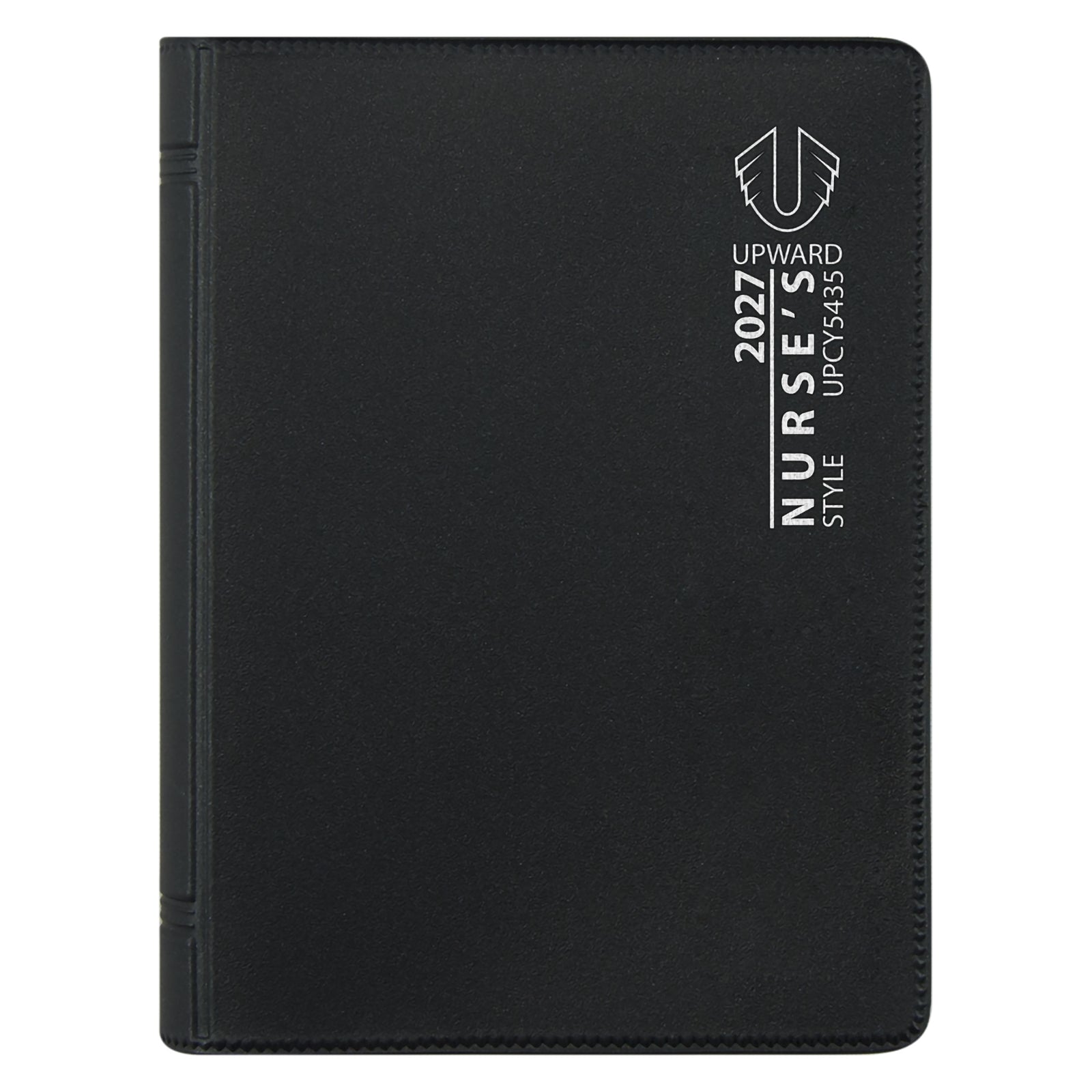 Front cover product image featuring the Upward Nurse's 2027 branding on a sleek black PVC cover. The portable A7 size and professional styling make it ideal for healthcare workers and busy professionals.