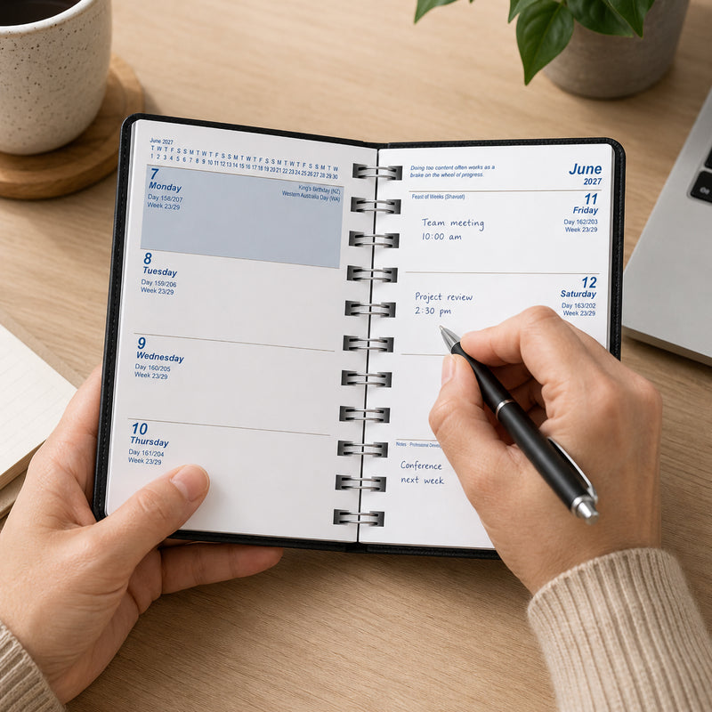 A healthcare professional uses the Upward Nurse's 2027 A7 Week To View Diary while recording appointments and reminders. The compact weekly planner provides space for shift schedules, meetings and personal commitments, with a practical layout designed for busy professionals.