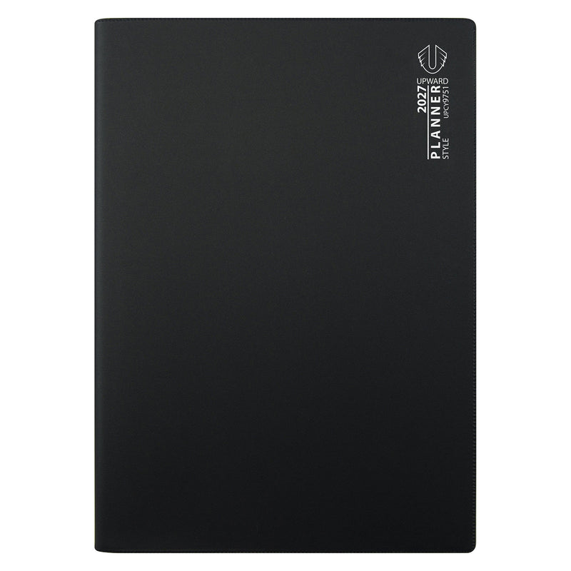 Studio product image of the Upward Planner 2027 A4 Month To View Diary showcasing the smooth black cover and minimalist branding. The clean appearance reflects a professional planning tool designed for office use, personal organisation and efficient month by month scheduling.