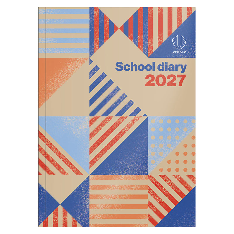 Clean product image of the Upward School 2027 B5 Week To View Diary. The striking geometric pattern combines blue, red, orange and neutral tones, creating an engaging and modern design that appeals to students of various ages.