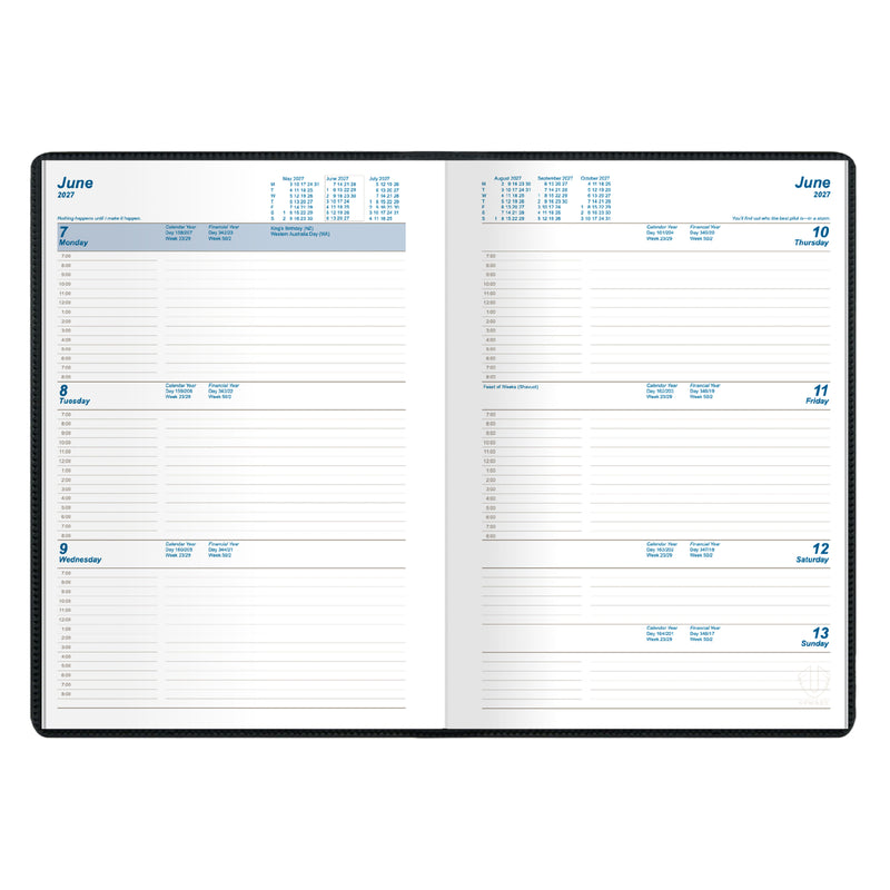 Interior spread of the Upward Standard 2027 A5 Week To View Diary showing the full weekly layout. Dedicated daily sections provide ample room for scheduling appointments, tracking deadlines and organising weekly priorities.
