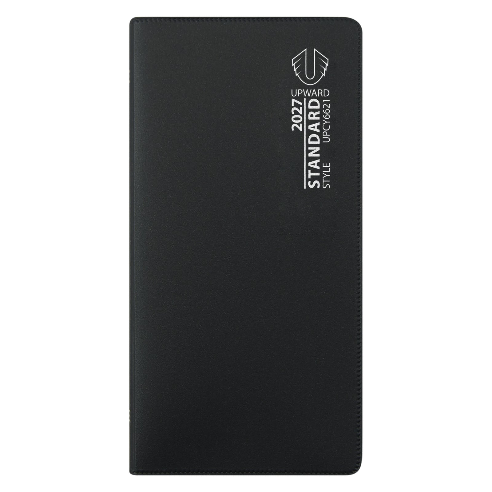 Front cover product image showing the Upward Standard 2027 A6/7 Two Week To View Diary in black. The sleek design, portable dimensions and durable cover make it ideal for managing schedules, appointments and important dates throughout the year.