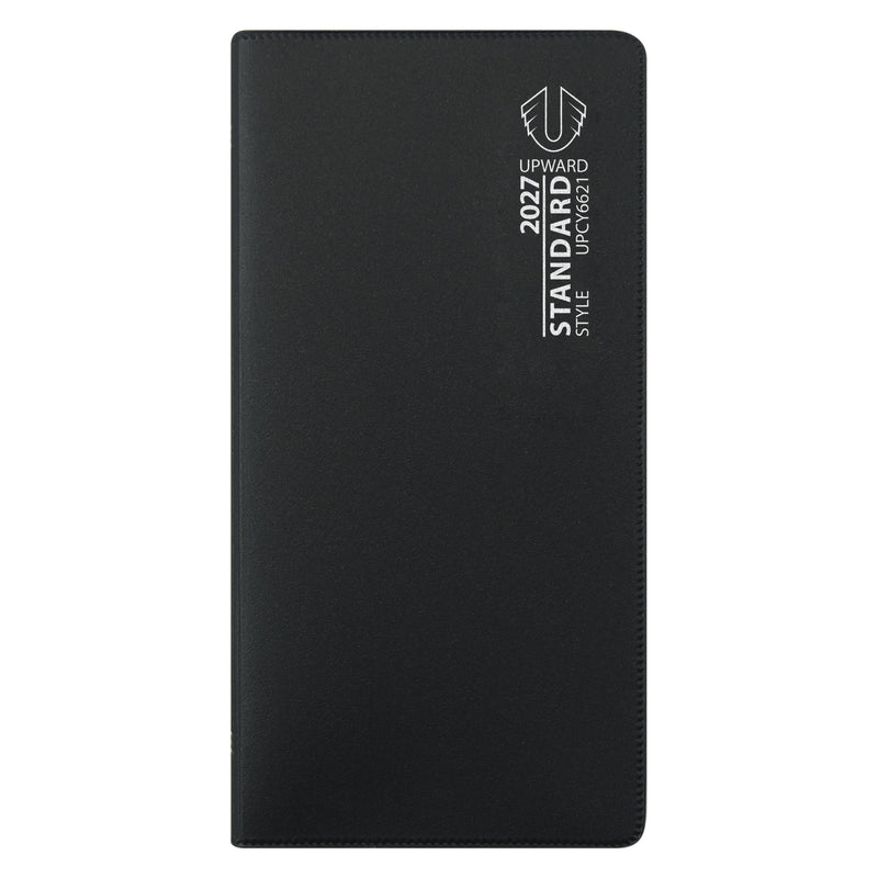 Front cover product image showing the Upward Standard 2027 A6/7 Two Week To View Diary in black. The sleek design, portable dimensions and durable cover make it ideal for managing schedules, appointments and important dates throughout the year.